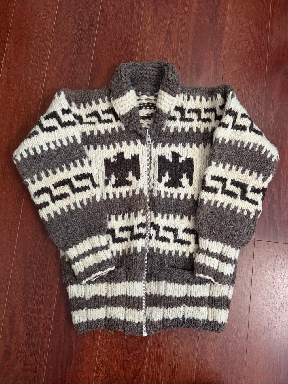 Vintage Chunky Zip-Front Cardigan in Brown and Cream
